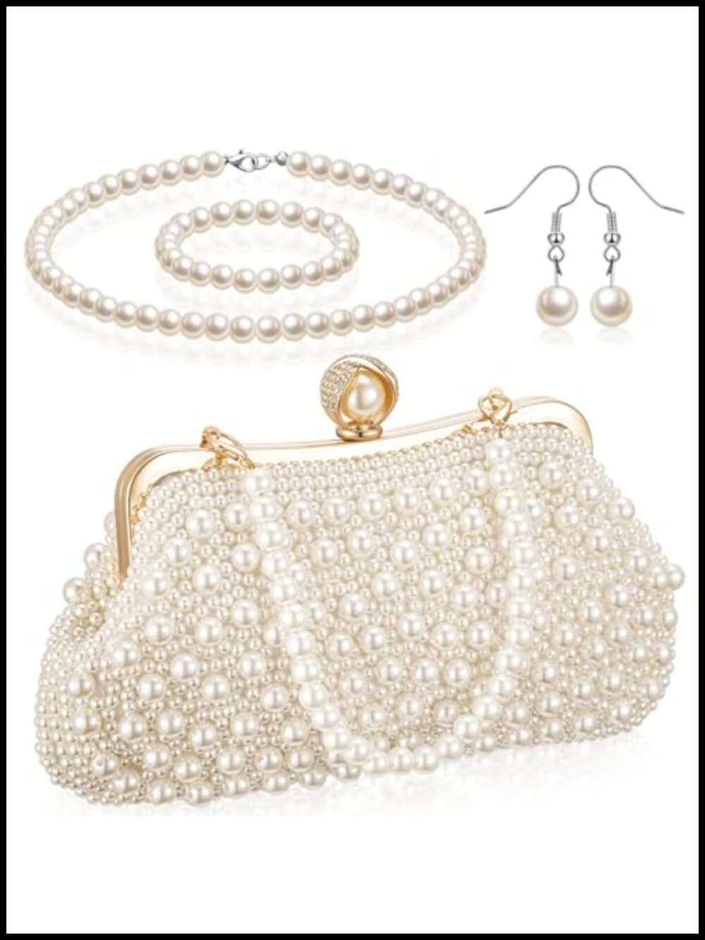 Pearl Clutch Purse with Jewelry Set - Evening Bag Necklace Bracelet Earrings